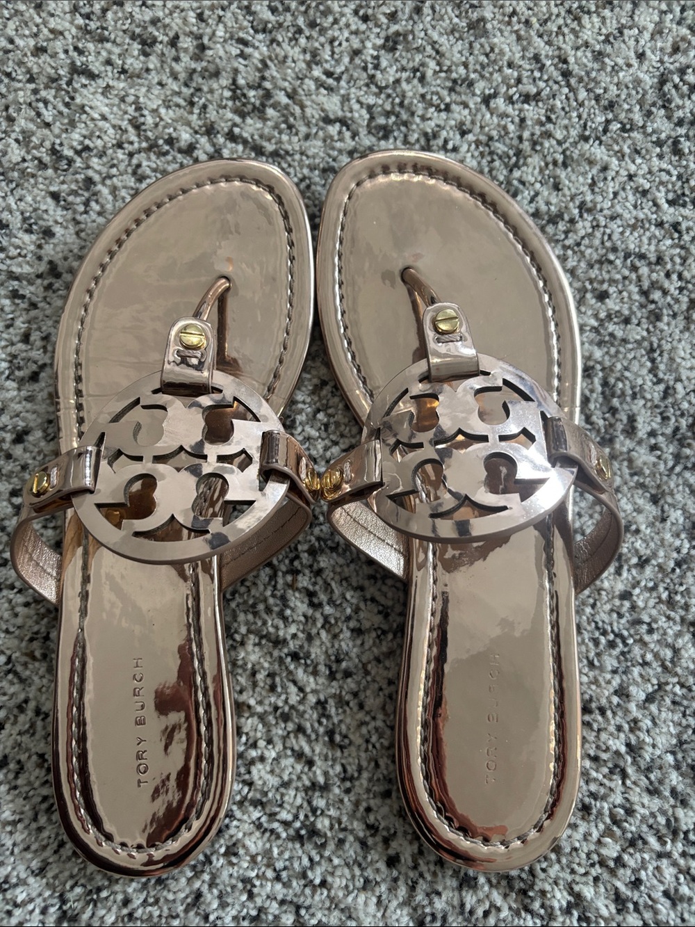Tory Burch Rose Gold Patent Logo Thong Sandals